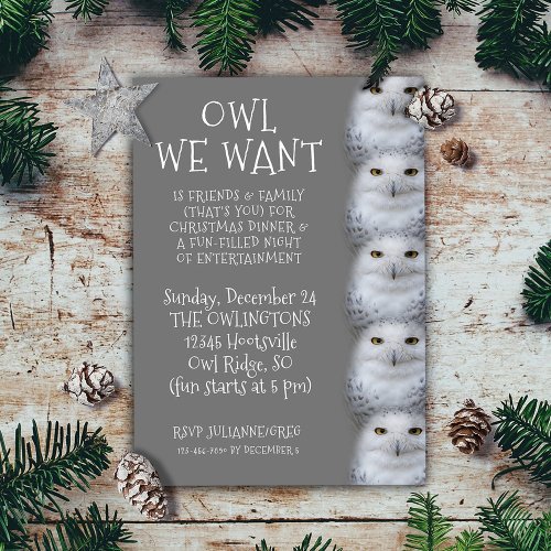 Funny Owl We Want for Christmas  Snowy Owls Invitation
