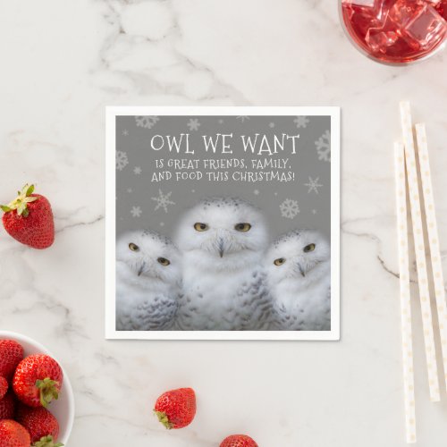 Funny Owl We Want for Christmas  Snowy Owls Napkins