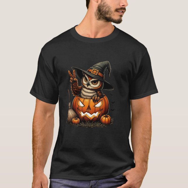Funny Owl Witch Pumpkin Halloween Mens Womens Kids T-Shirt (Front)