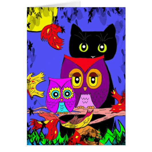 Funny Owls Black Cat Fall Moon Creationarts Cards (Front)