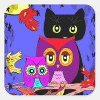 Funny Owls Black Cat Fall Moon Creationarts Square Sticker