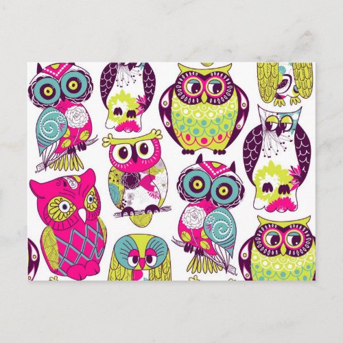 Funny owls pattern postcard