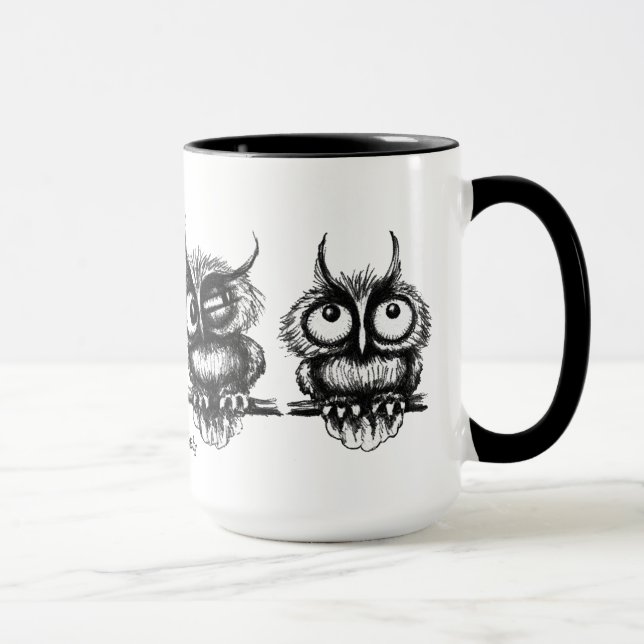 Funny owls pen ink drawing art mug design (Right)