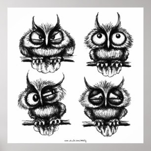 Funny owls pen ink drawing art poster
