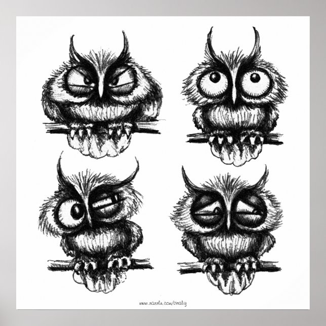 Funny owls pen ink drawing art poster (Front)