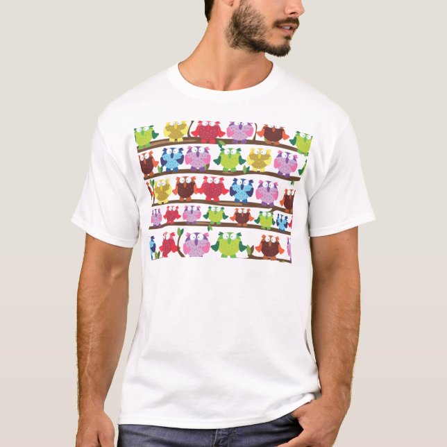 Funny Owls sitting on a brach pattern T-Shirt (Front)
