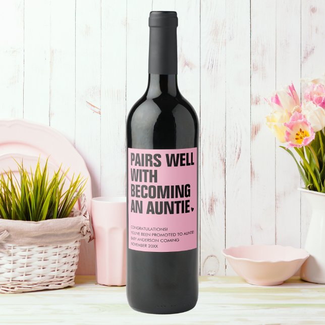 Funny Pairs Well Auntie Pregnancy Announcement Wine Label (Creator Uploaded)