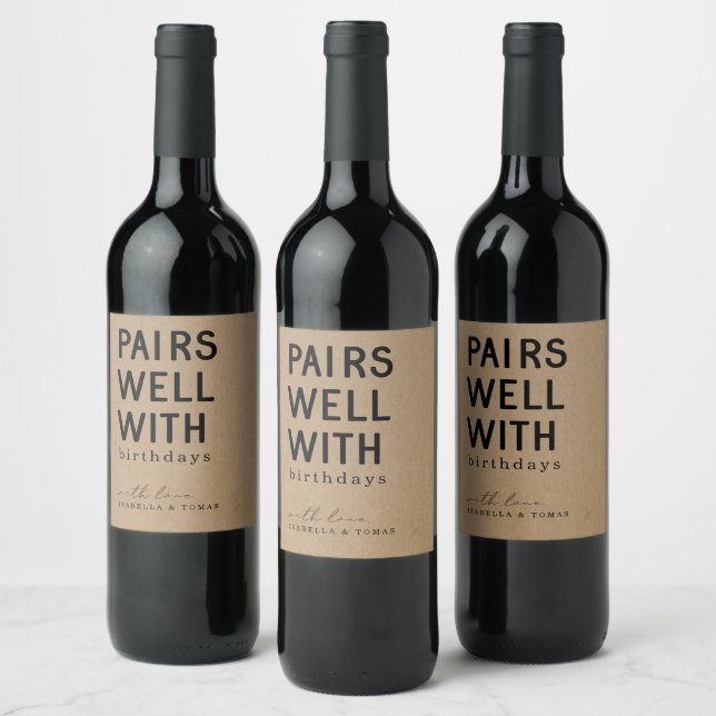 Funny Pairs Well with Birthdays Wine Label (Bottles)