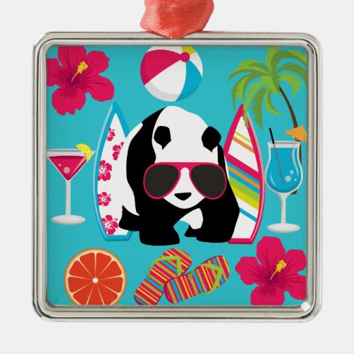 Funny Panda Bear Beach Bum Cool Sunglasses Surfing Metal Ornament