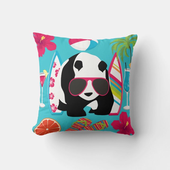 Funny Panda Bear Beach Bum Cool Sunglasses Surfing Throw Pillow (Front)