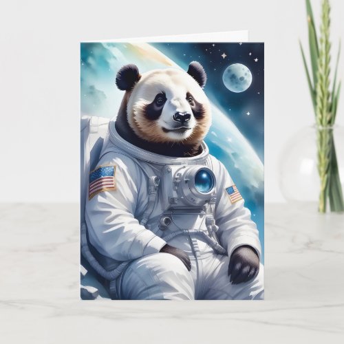 Funny Panda Bear in Astronaut Suit in Outer Space Card