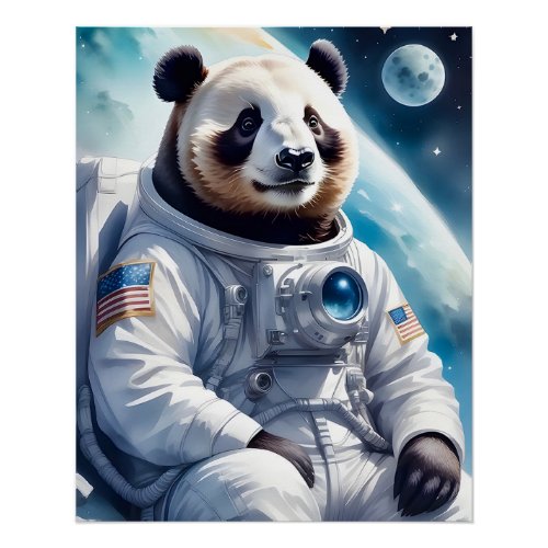 Funny Panda Bear in Astronaut Suit in Outer Space Poster