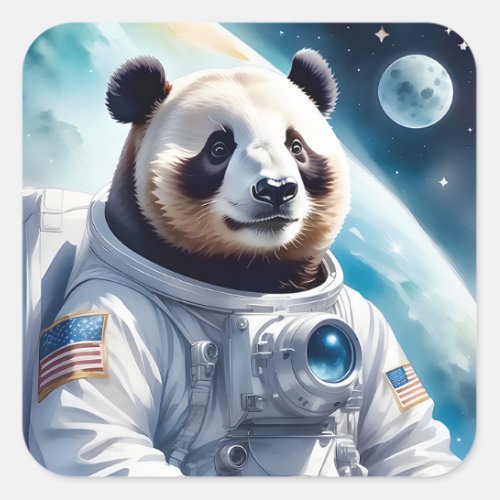 Funny Panda Bear in Astronaut Suit in Outer Space Square Sticker