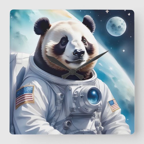 Funny Panda Bear in Astronaut Suit in Outer Space Square Wall Clock