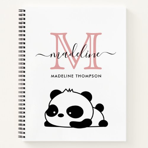 Funny Panda Blush Pink Black White Monogram Script Notebook