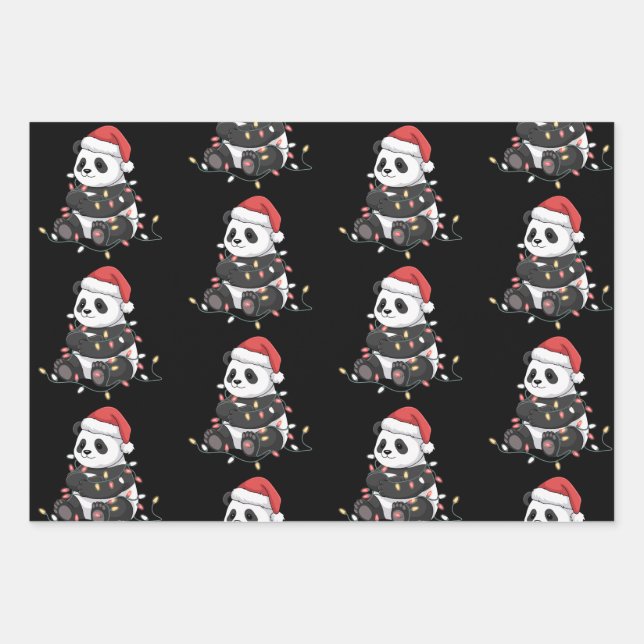 Funny Panda Christmas Animal Lights Lover Wrapping Paper Sheets (Front)