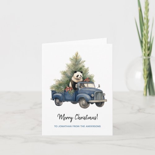 Funny Panda in Blue Retro  Truck Xmas Card