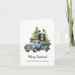 Funny Panda in Blue Vintage Van Xmas Card