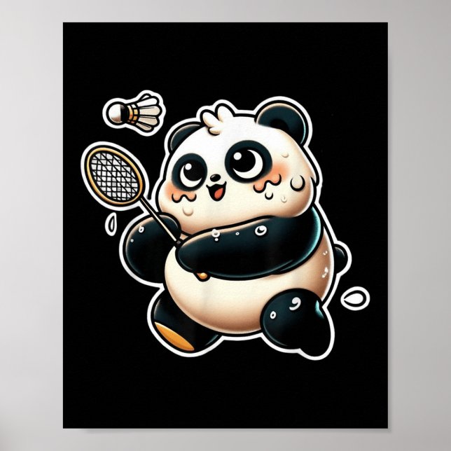 Funny Panda Playing Badminton Cute Sporty Exercise Poster (Front)