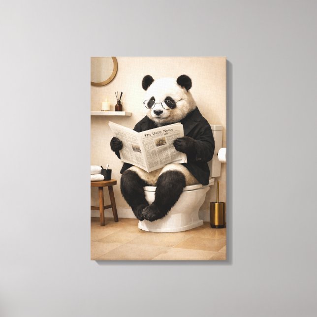 Funny Panda Reading Newspaper Bathroom Humor Canvas Print (Front)