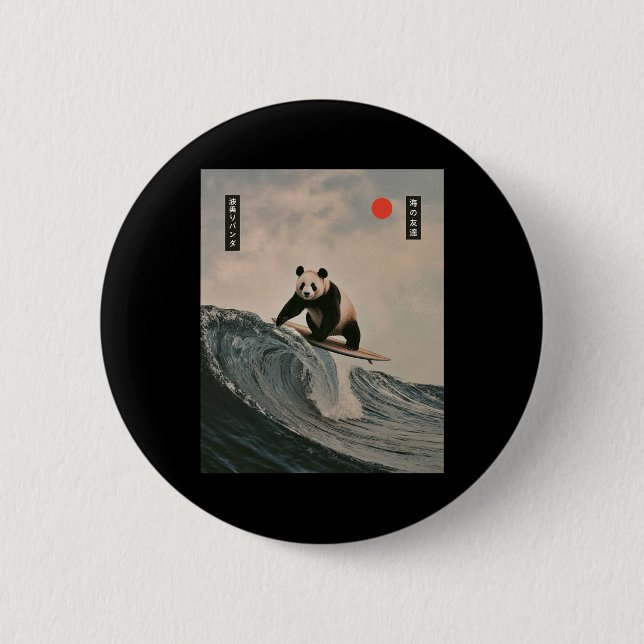 Funny Panda Surfing Saying Japanese Wave Meme Humo Button (Front)