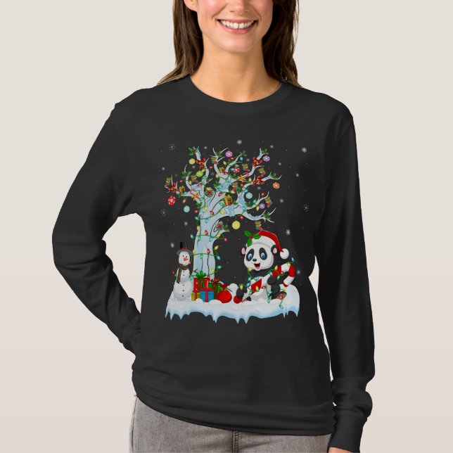 Funny Panda Xmas Tree Lighting Santa Hat Panda Chr T-Shirt (Front)