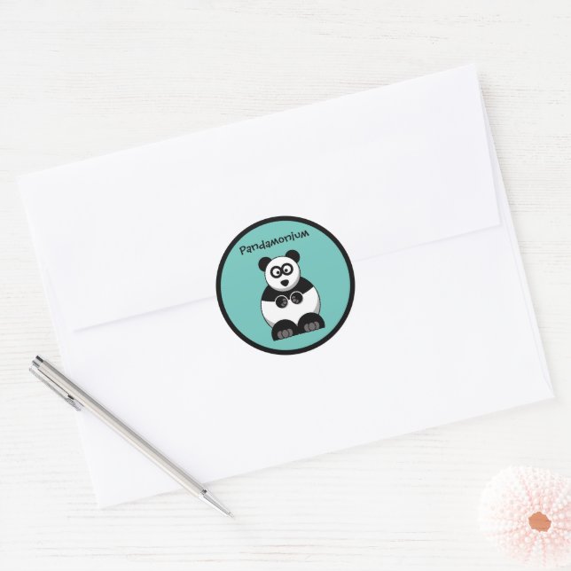 Funny Pandamonium Panda Cartoon, Cute Stress Pun Classic Round Sticker (Envelope)
