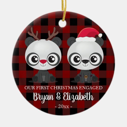 Funny Pandas first Christmas engaged red plaid Ceramic Ornament