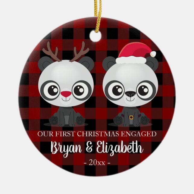 Funny Pandas first Christmas engaged red plaid Ceramic Ornament (Front)