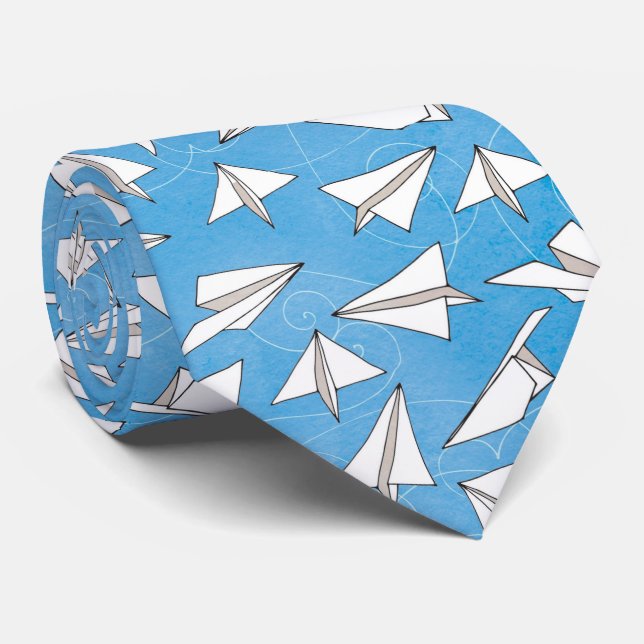 Funny Paper Airplanes on Blue Novelty Pattern Neck Tie (Rolled)