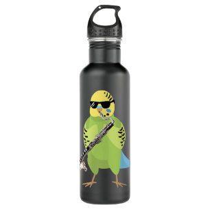 Funny Parakeet Wearing Sunglasses Playing Bass Cla Stainless Steel Water Bottle