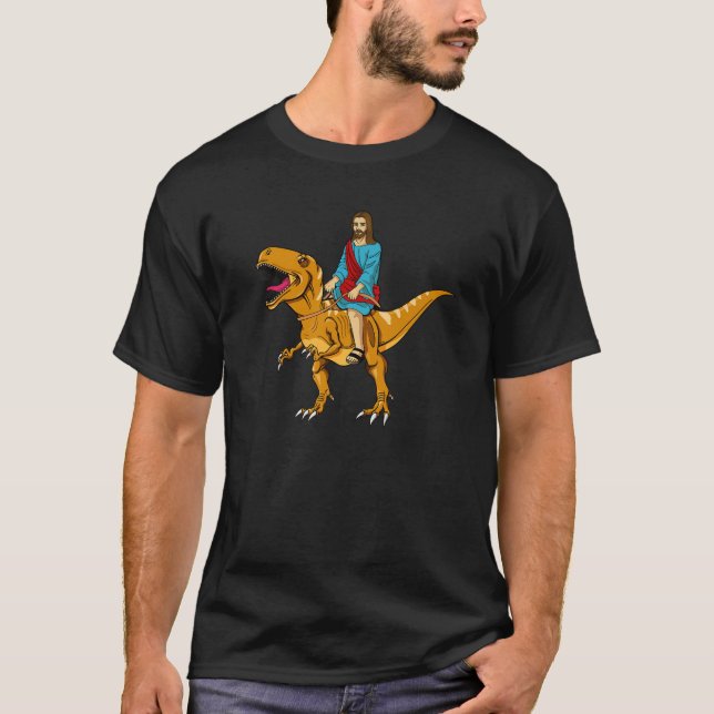 Funny Parody Jesus Riding Dinosaur Cute Meme Dino T-Shirt (Front)