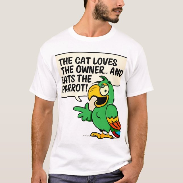 Funny Parrot Cartoon with Dark Humor T-Shirt (Front)