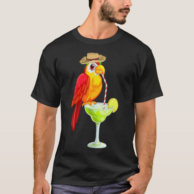 Funny Parrot Drinking Margarita Vacation Birds T-Shirt (Front)