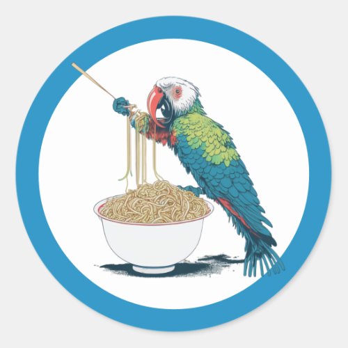 Funny Parrot Eating Ramen Noodles Classic Round Sticker