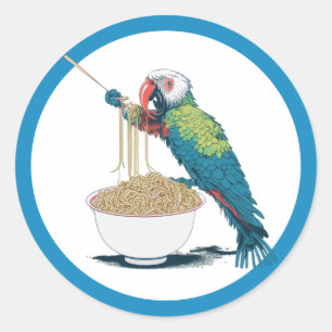 Funny Parrot Eating Ramen Noodles Classic Round Sticker