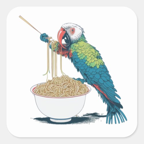 Funny Parrot Eating Ramen Noodles Square Sticker