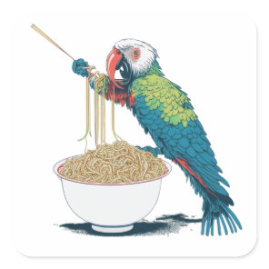 Funny Parrot Eating Ramen Noodles Square Sticker