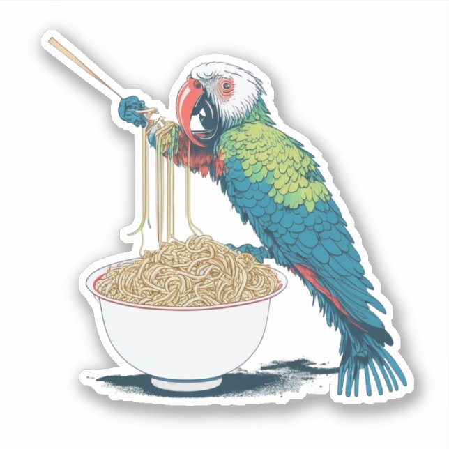 Funny Parrot Eating Ramen Noodles Sticker (Front)