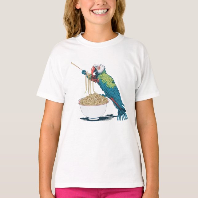 Funny Parrot Eating Ramen Noodles T-Shirt (Front)