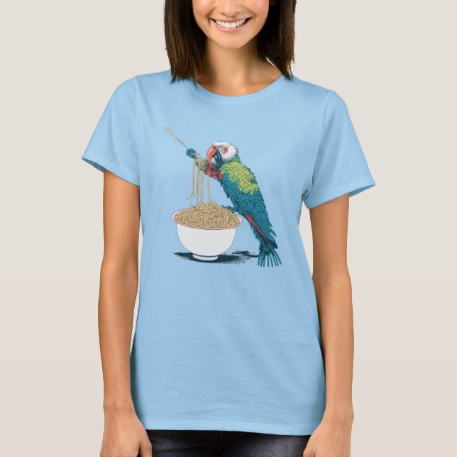 Funny Parrot Eating Ramen Noodles T-Shirt (Front)