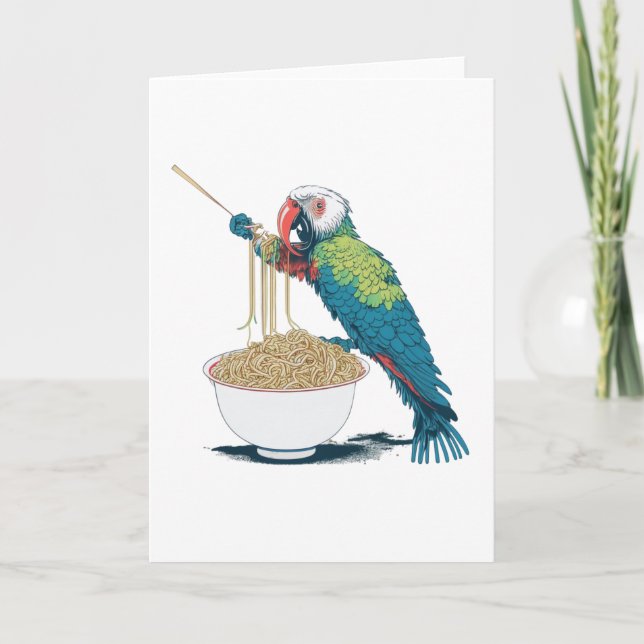 Funny Parrot Eating Ramen Noodles with Chopsticks Card (Front)