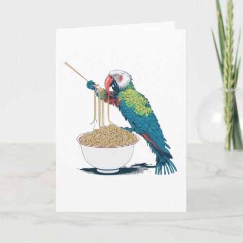 Funny Parrot Eating Ramen Noodles with Chopsticks Card