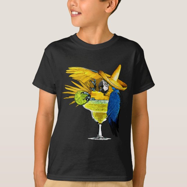 Funny Parrot in Margarita Drinking Glass Tropical  T-Shirt (Front)
