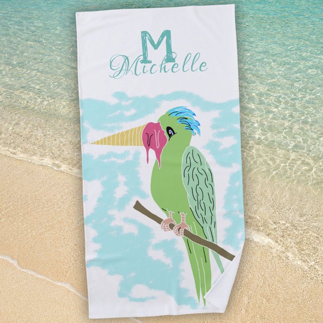 Funny Parrot with Ice cream Monogram Name Beach Towel (Creator Uploaded)