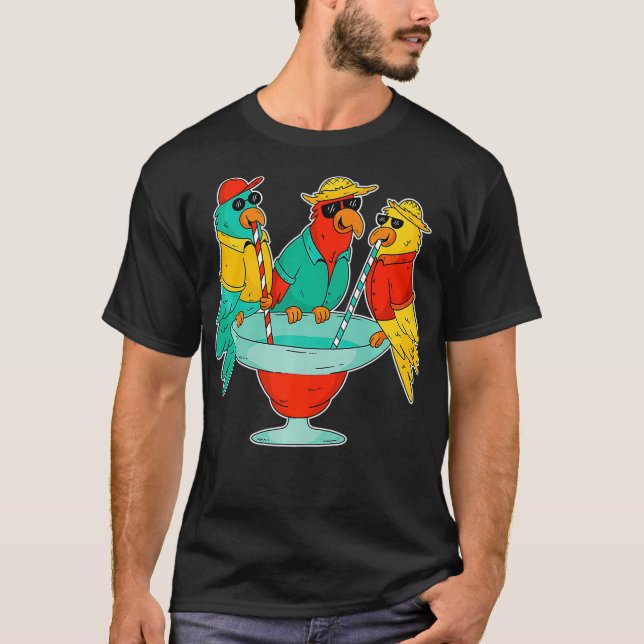 Funny Parrots Drinking Birds Hawaii Tropical T-Shirt (Front)