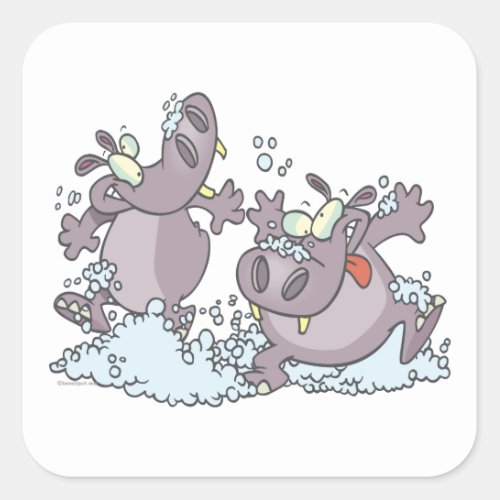 funny party animal hippos in suds cartoon square sticker