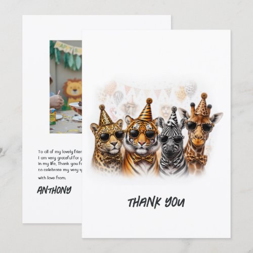 Funny Party Animals Safari Kids Birthday Photo Thank You Card