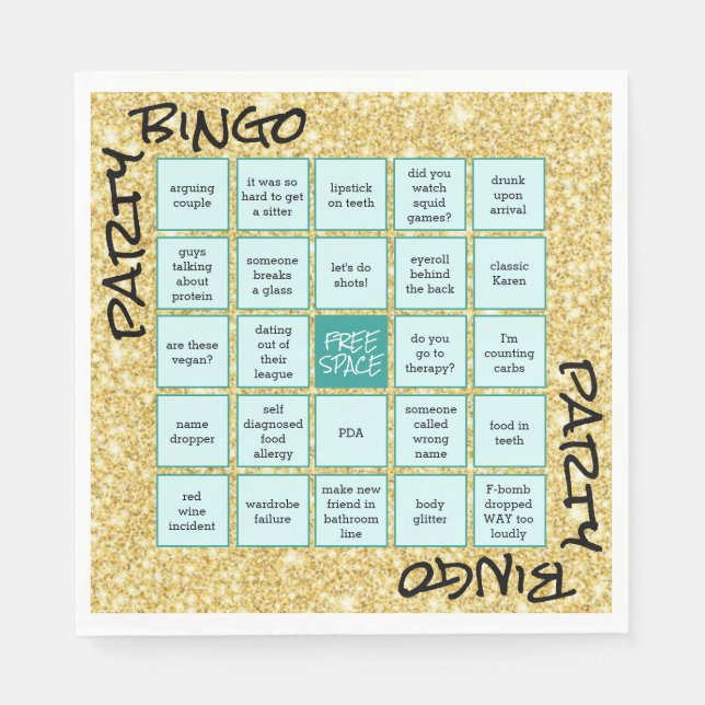 Funny Party Bingo Gold Glitter Teal Napkins (Front)