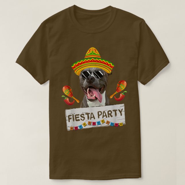 Funny Party Cute Pit Bull Dog Wearing Sombrero Sun T-Shirt (Design Front)